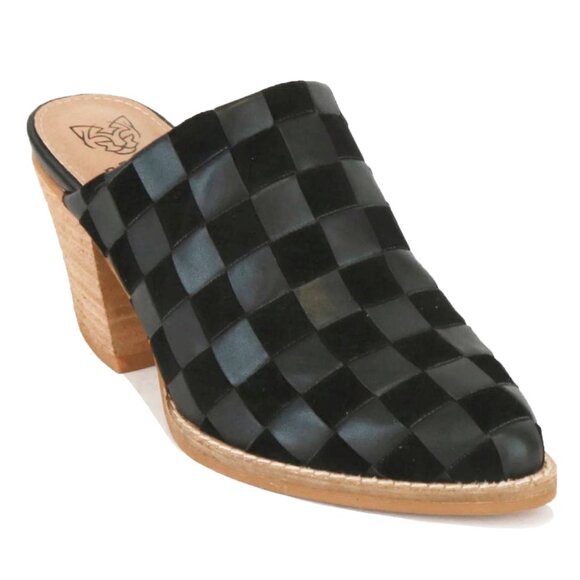 NEW ⭐ BEAST FASHION Woven Checkerboard Block Heel Mule Shoes Faux Suede, 3" Heel - Picture 2 of 4